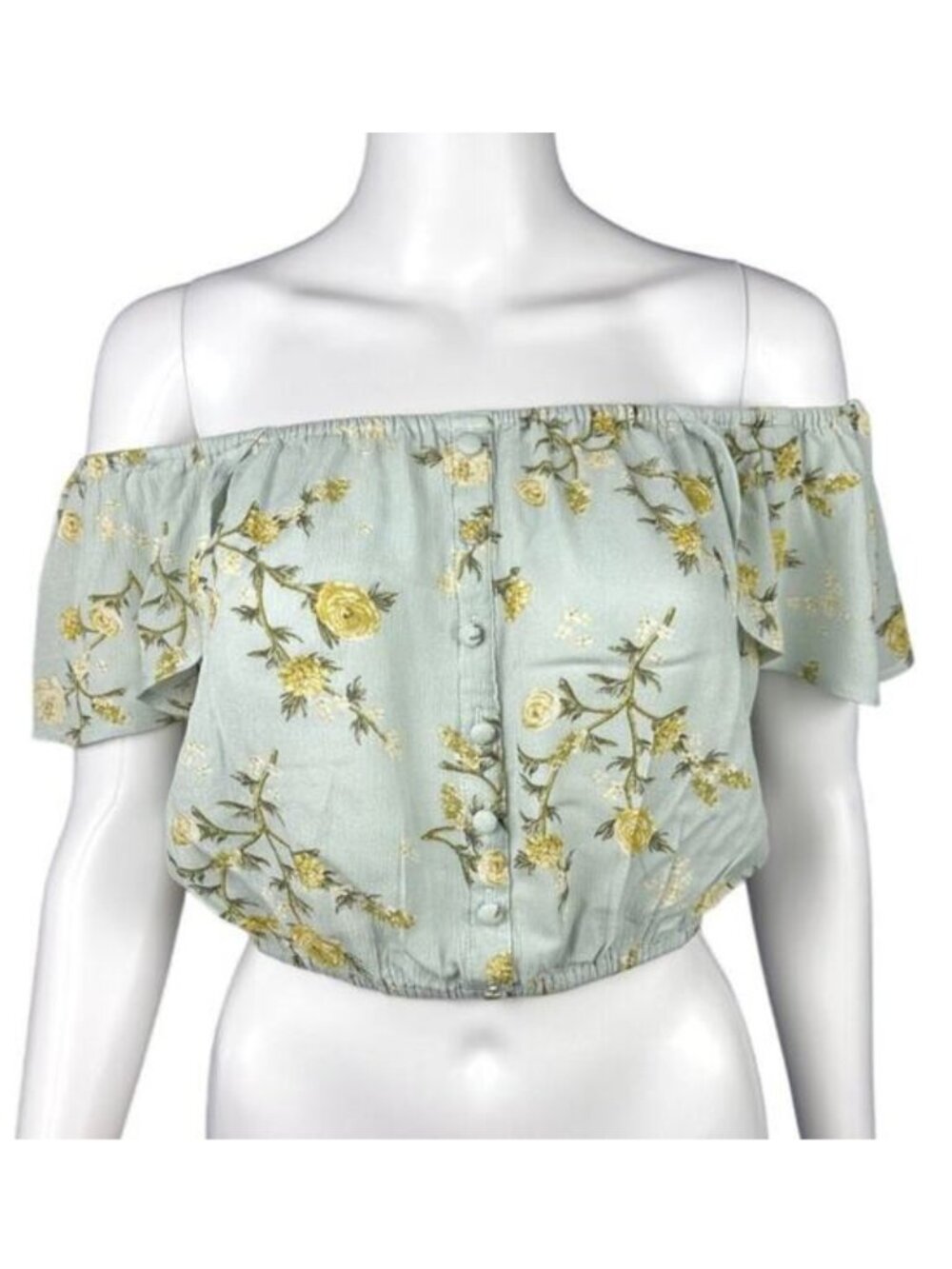 Xhilaration Off Shoulder Crop Top XS Green Yellow Floral Boho Cottagecore
